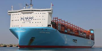 The Suez Canal witnesses the transit of the container ship ASTRID MAERSK on its first voyage through the Canal