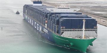 Adm. Rabiee: "The Suez Canal demonstrates its pioneership once more as it receives the newest and largest environment-friendly container ship CMA CGM GRAND PALAIS." On its first voyage through the Canal